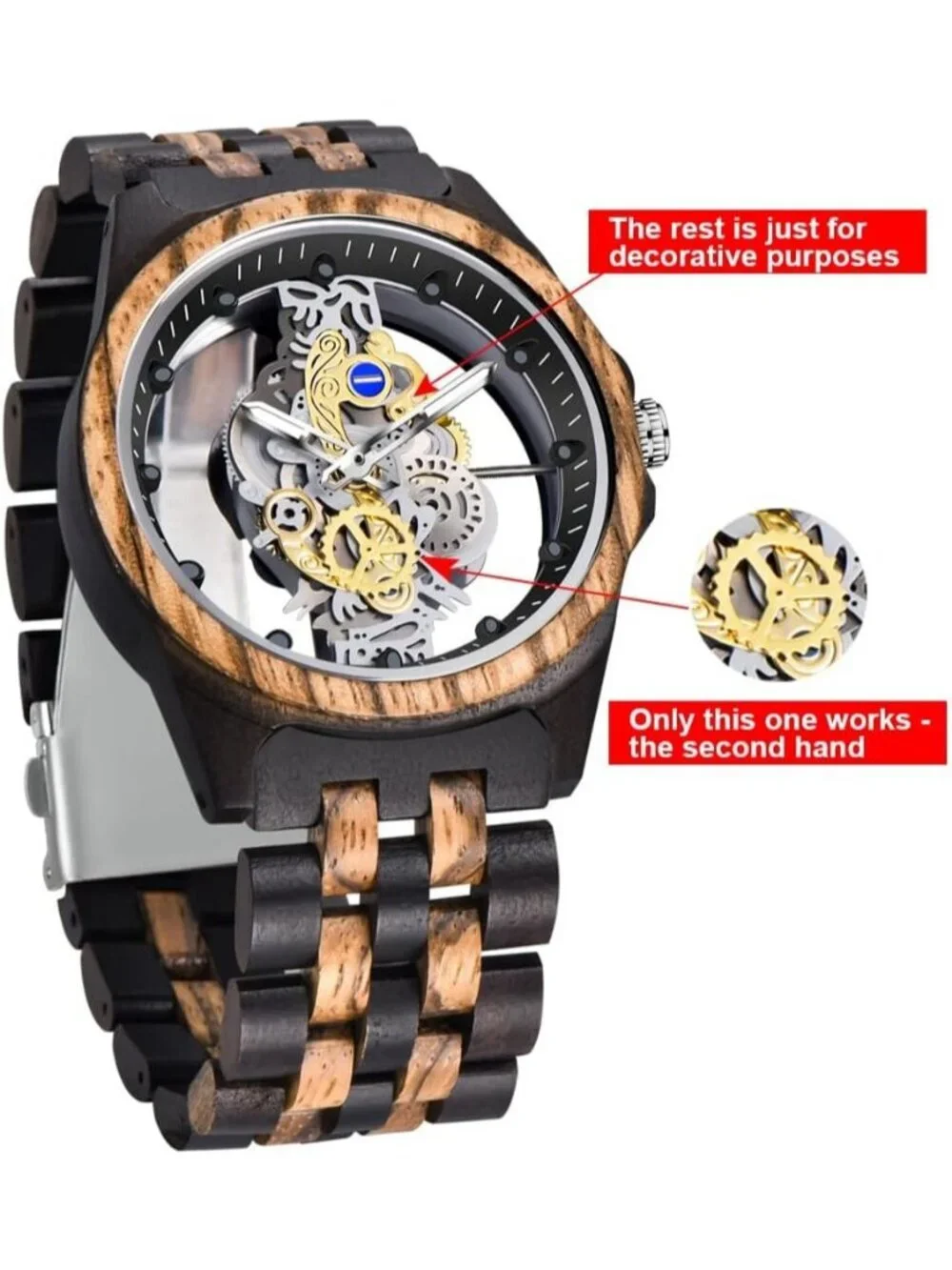 Mens Black Brown Skeleton Buckle Analog Quartz Classic Sports Round Wooden Watch